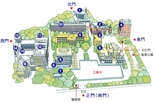 キャンパス内の案内図。会場の東館は、東門そば、案内図番号4の建物
